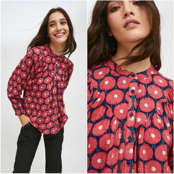 RED MARIGOLD FLORAL PRINT FLOWING GRANDAD COLLAR SHIRT BY COMPANIA FANTASTICA S - Picture 2 of 10